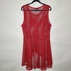 Fish Net Zip Front Peplum Top Size 3X Red Sleeveless Open Weave Tunic Stretch